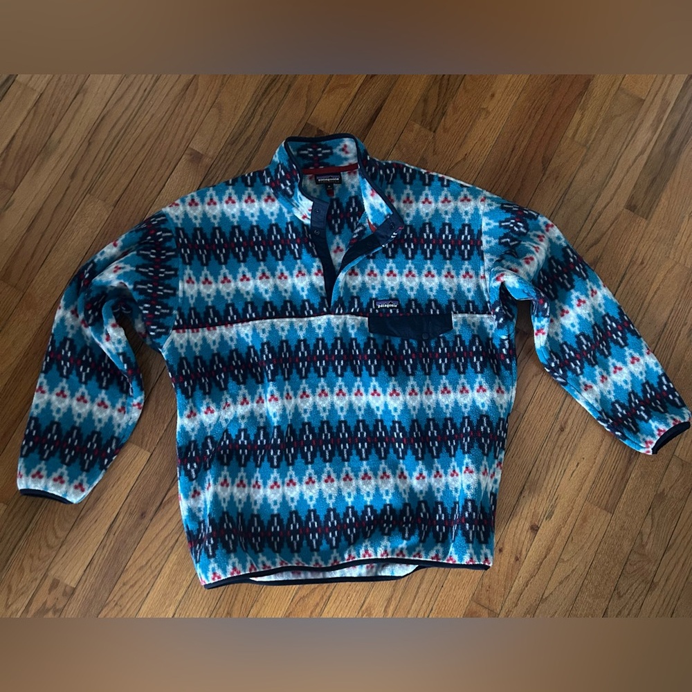 Patagonia Syncilla Pullover chest pocket Snap-T Forest Carpet Deep Sea Blue